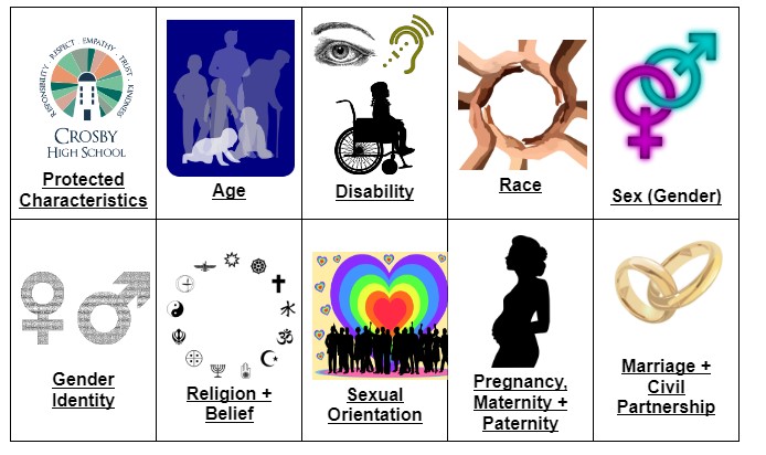 CHS Equality characteristics An image representing the nine protected characteristics which are age disability race sex gender identity religion and belief sexual orientation pregnancy maternity paternity marriage civil partnership